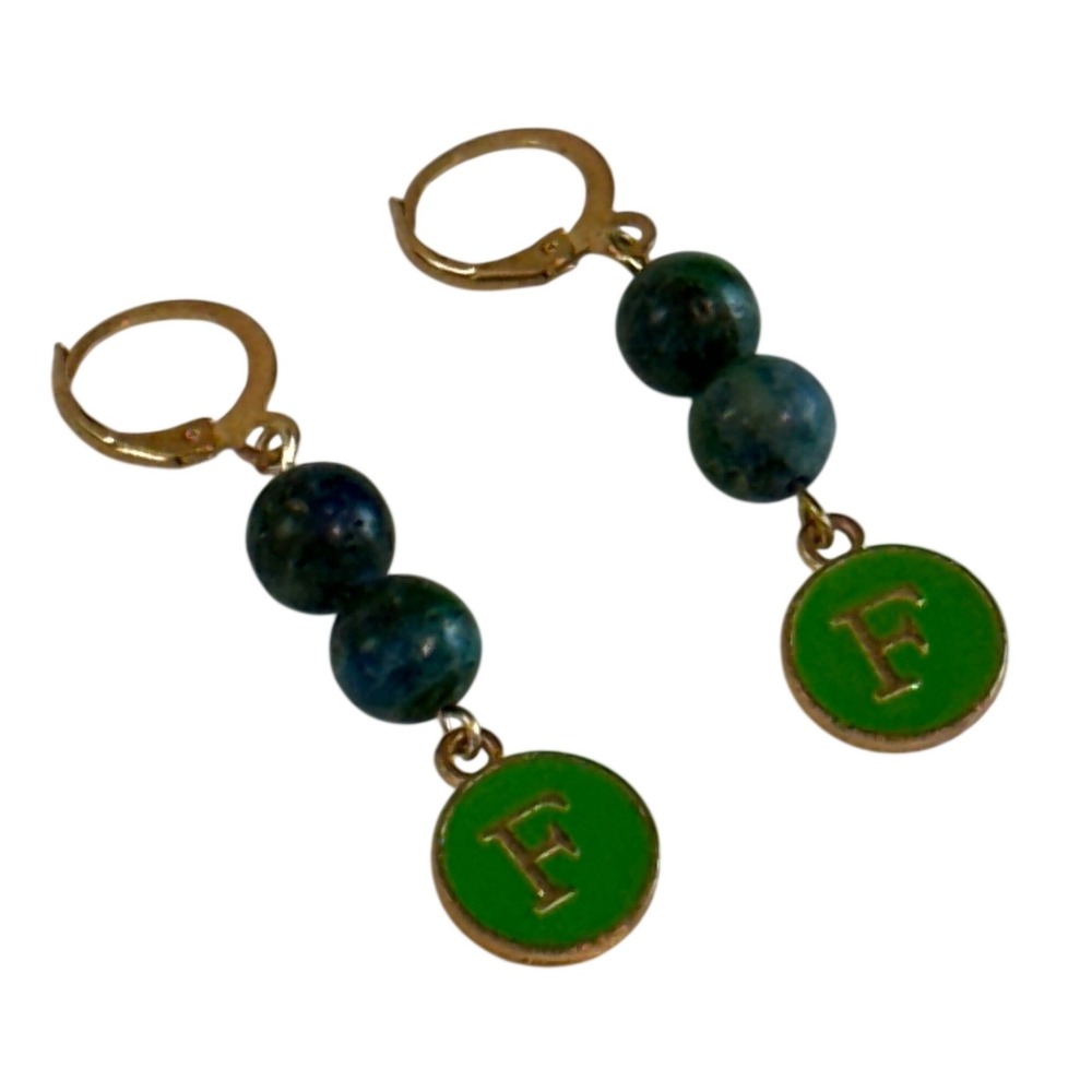 Gold Tone Lever Back Earrings Blue Stone Beads Green Enamel Letter F Charm